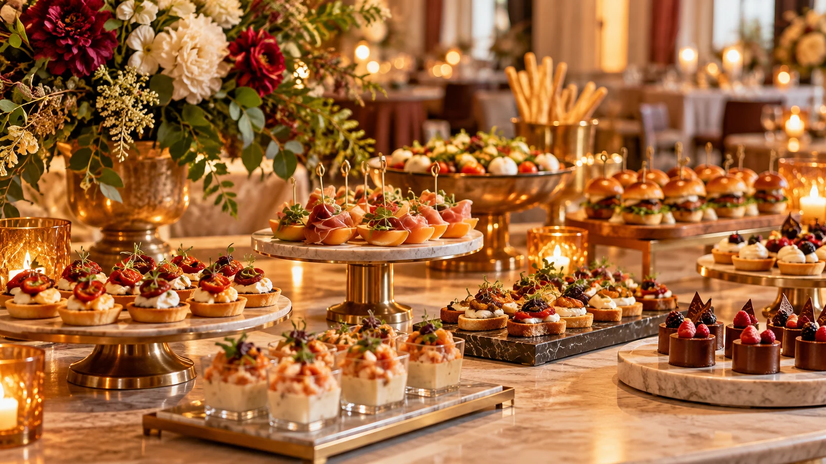 Mesa de buffet com canapés, doces e flores em uma celebração